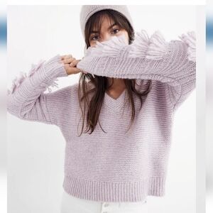 Madewell Lilac Fringe Sleeve V-Neck Sweater